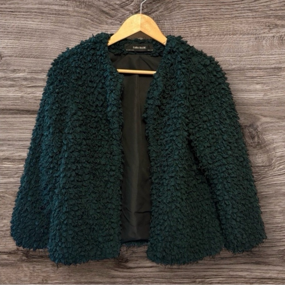 Zara Textured Forest Green Fuzzy Teddy Lined Jacket Coat, Womens size Small